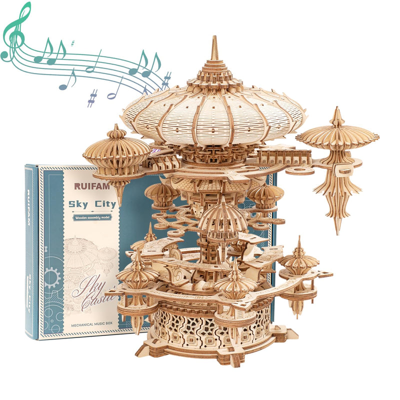 RUIFAM 3D Wooden Puzzles for Adults SkyCity Music Box Model Kit 600+ Pcs Cityscape Design Challenging Mechanical DIY Craft STEM Toy and Unique Gift for All Occasions
