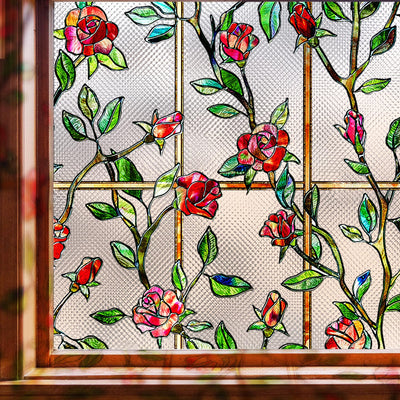 Coavas Stained Glass Window Privacy Film 3D Window Film Decorative Non Adhesive Window Cling Privacy Film for Home Rose17.5 x 39.4 Inch