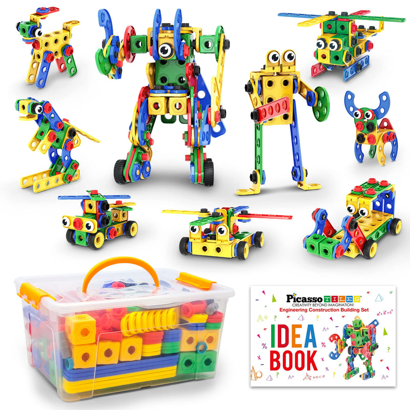 PicassoTiles STEM Learning Toys 201 Piece Building Block Kids Construction Engineering Kit Toy Blocks Children Early Education Playset w/Free IdeaBook Power Drill Clickable Ratchet Age 3+ PTN201